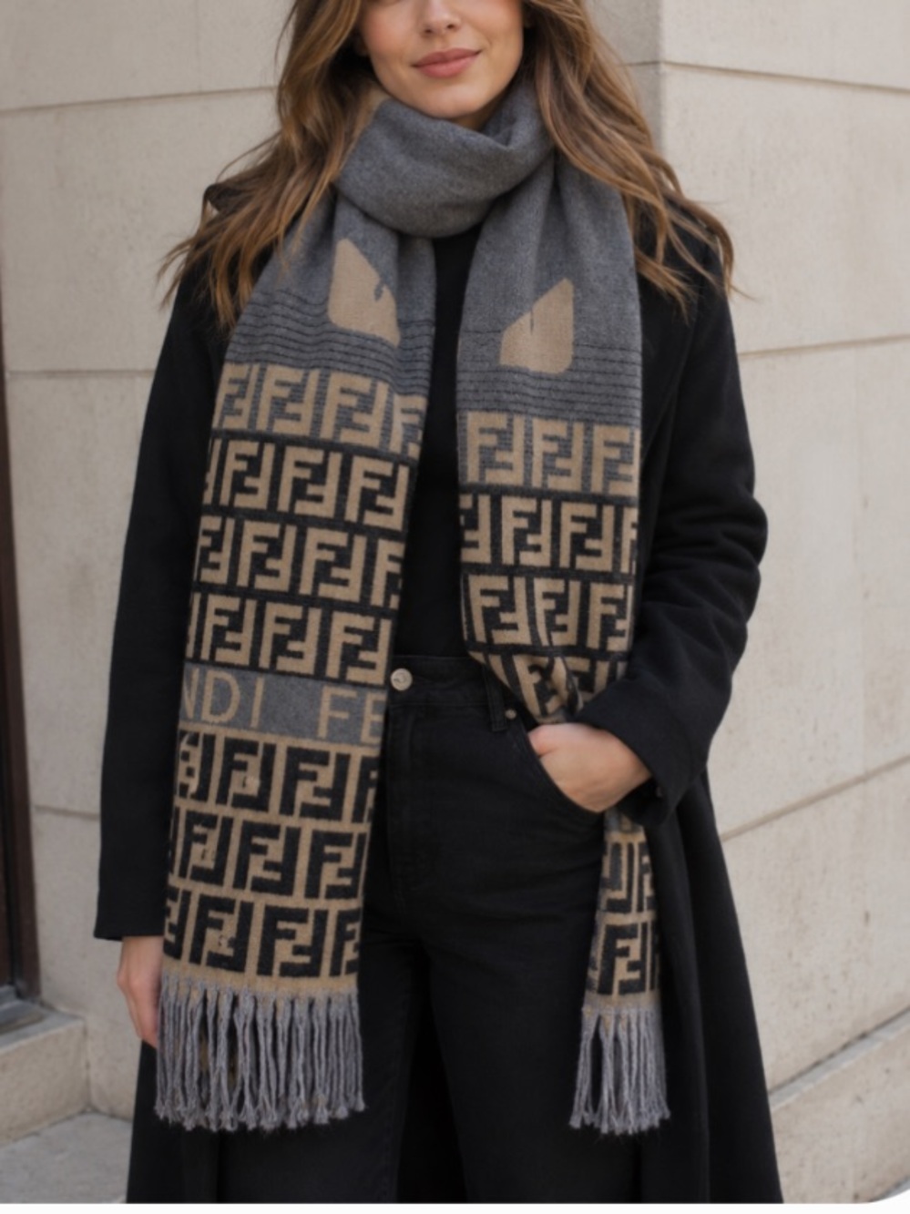 Designer Style Monogram Fringe Scarf in Cashmere and Silk